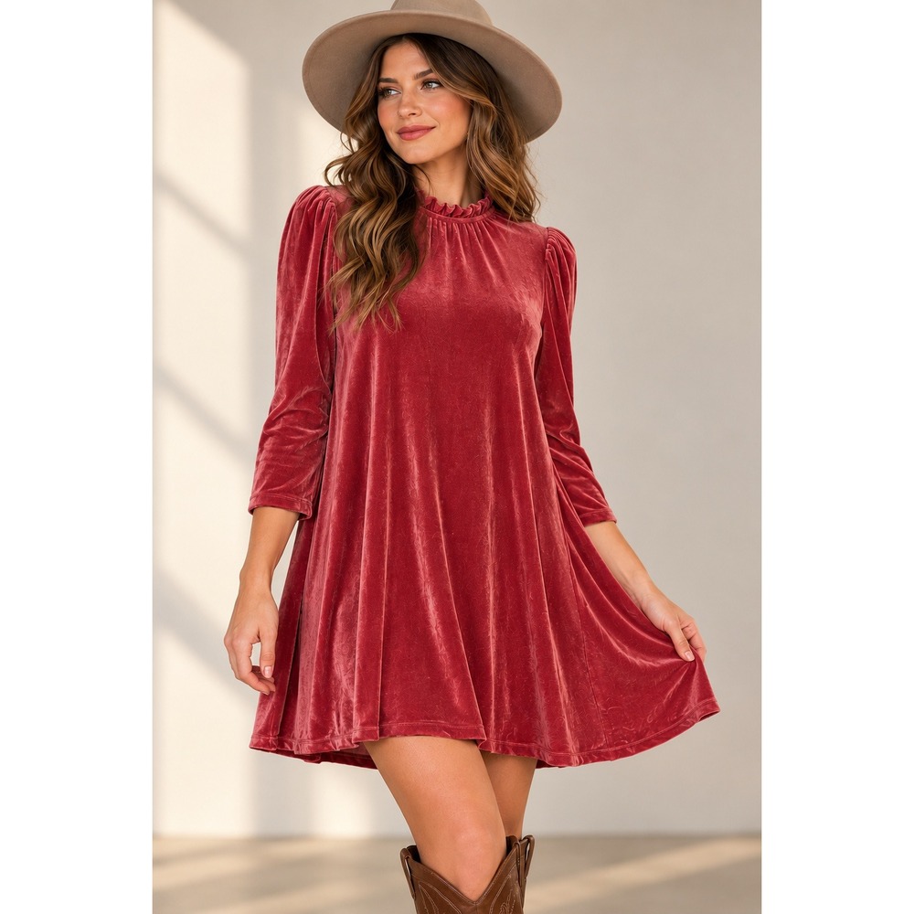 Boho Western Dusty Rose Velour Prairie Swing Dress Ruffle Neck M 8-10